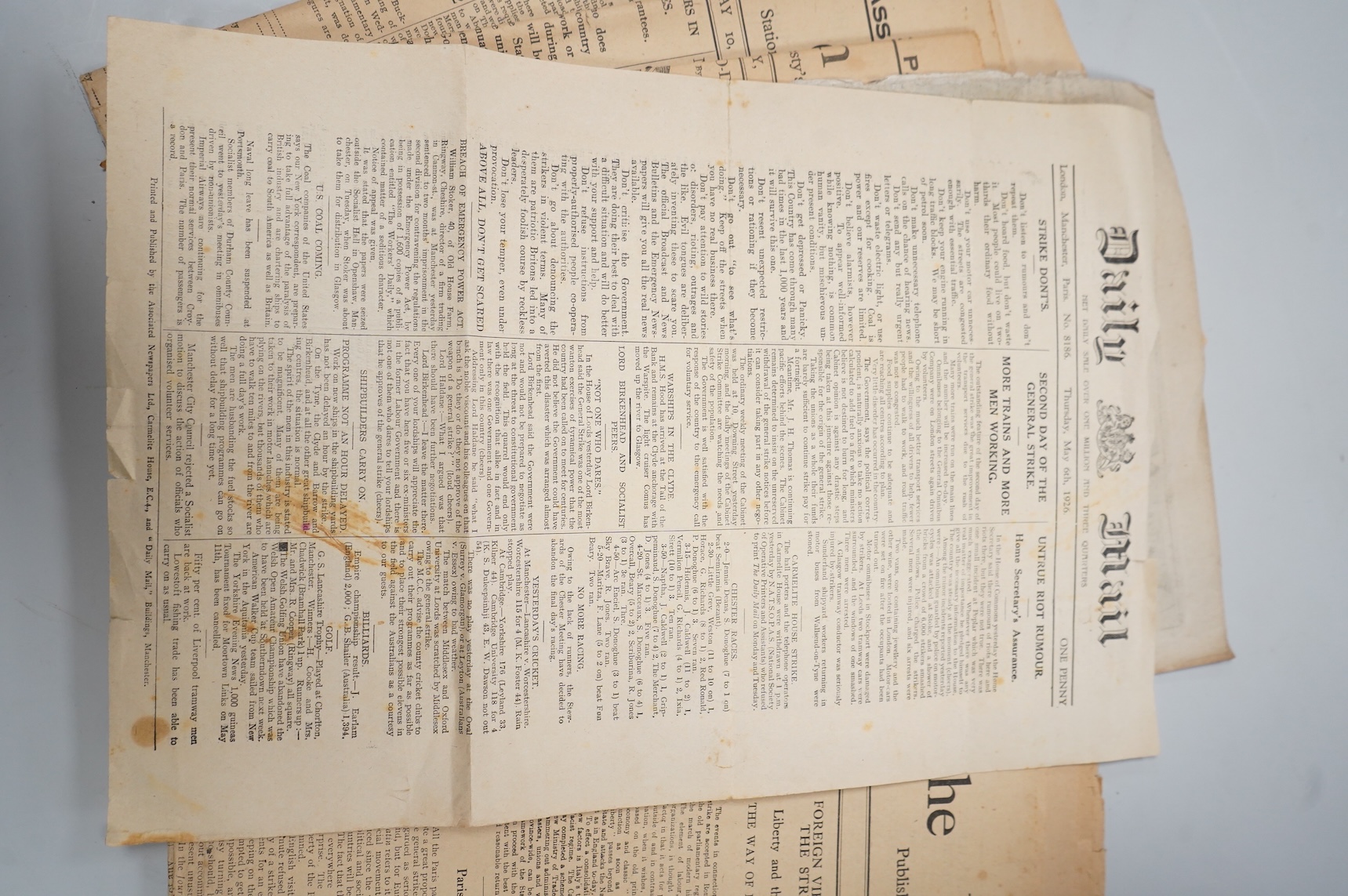 The British Gazette, nos. 1-8 (May 5th-13th, 1926), 4pp. each, large broadsheet; sold with Daily Mirror, no. 3 (Friday, May 7th 1926) and Daily Mail (no. 8186. Thursday May 6th, 1926), both single folded sheets printed o